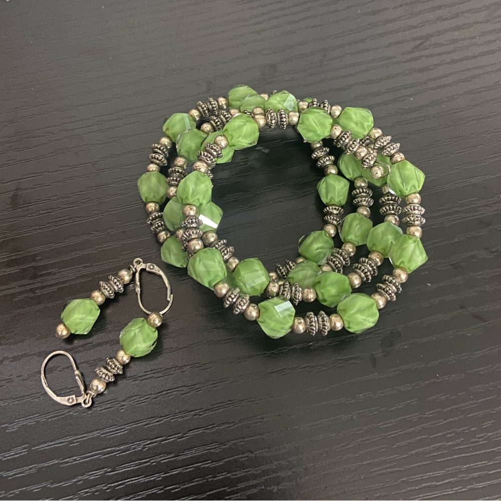 Handmade Green Crystal and Silver Bracelet and Earring Set